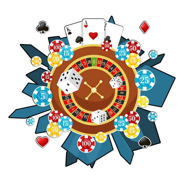 Bild av ett Roulette hjul, tärningar, spelkort och spelmarker som Rouletteguiden kommer att förklara hur man bäst ska spela